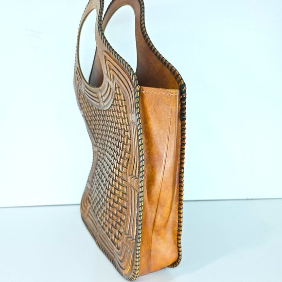 Vintage 70 Faux Tooled Leather Cognac Brown Boho Purse Handbag - Picture 3 of 7